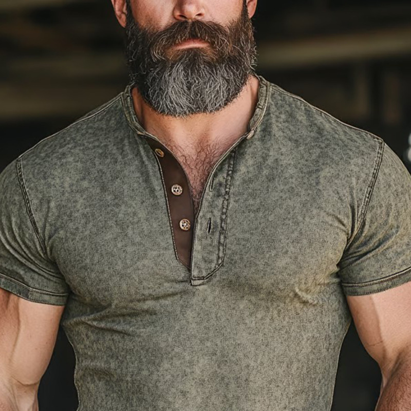 Men's Colorblock Printed Short Sleeve Henley Neck T-Shirt DTT25062602