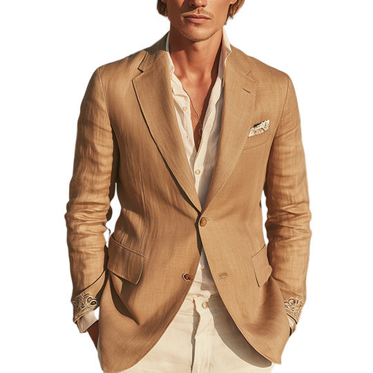 Men's Classic Retro Cuff Embroidery Cotton And Linen Slim Fit Single Breasted Blazer DTT25071806