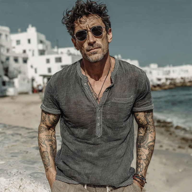 Men's Cotton And Linen Round Neck Pullover Short Sleeve Shirt DTT25063007
