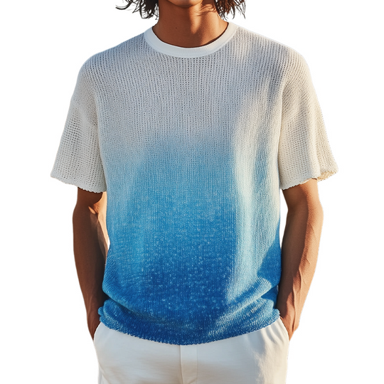 Men's Spring And Summer Fashion Casual Knitted Gradient Hanging Dye Round Neck Short-sleeved T-shirt DTT25070120