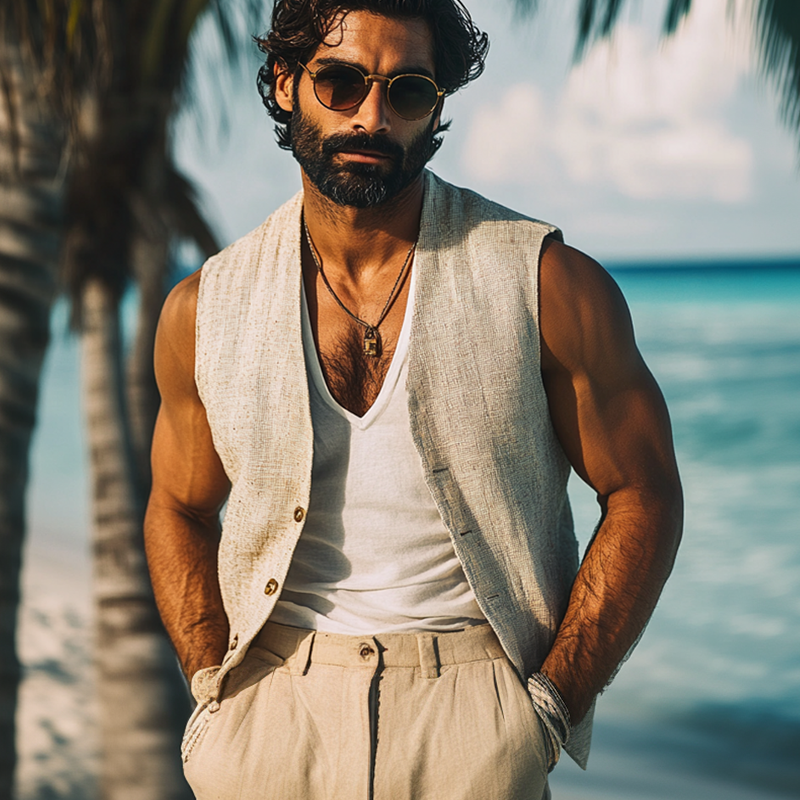Men's Cotton And Linen Solid Color V-Neck Vest DTT25072406