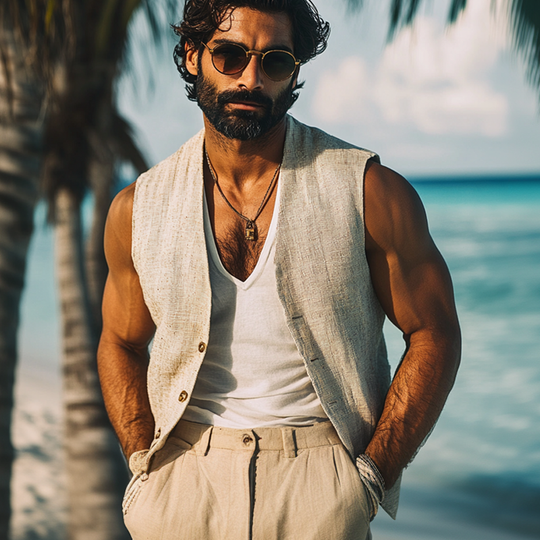Men's Cotton And Linen Solid Color V-Neck Vest DTT25072406