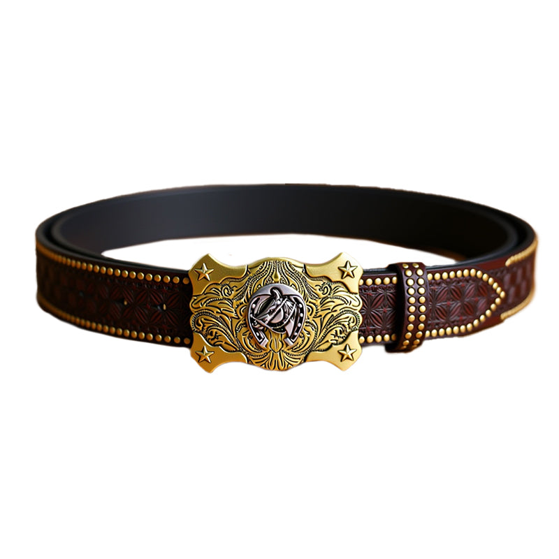 Men's Vintage Embossed Rivet Western Cowboy Leather Belt Dtt976834232