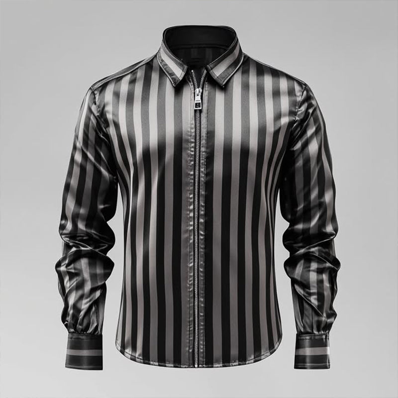 Men's Vintage Casual Satin Stripe Lapel Zipper Long Sleeve Shirt 9911545626808