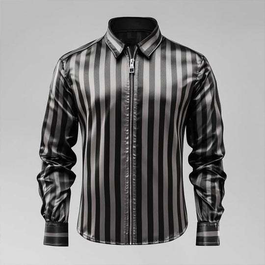 Men's Vintage Casual Satin Stripe Lapel Zipper Long Sleeve Shirt 9911545626808