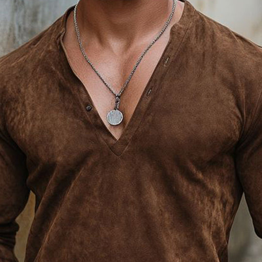 Men's Vintage Solid Suede V-Neck Long Sleeve T-Shirt 9892050600120