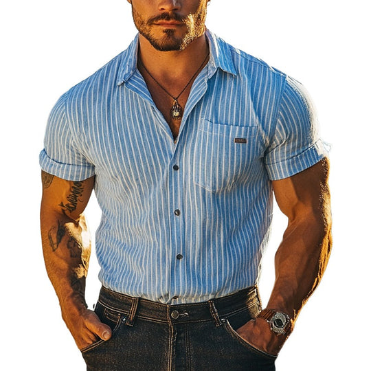 Men's Striped Casual Lapel Short Sleeve Shirt 9956142186680