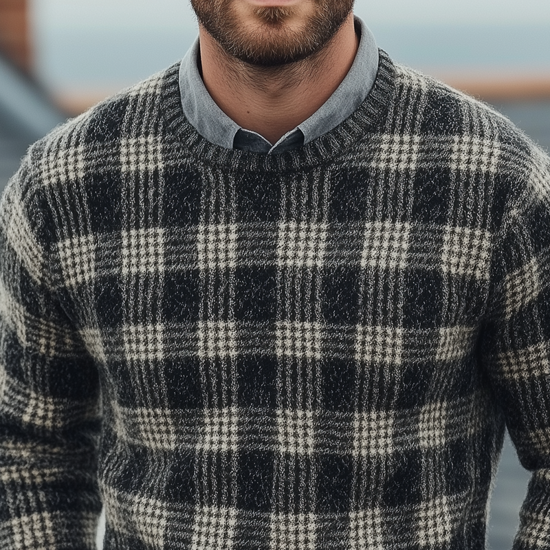 Men's Fashion Checked Round Neck Long Sleeve Knit Sweater 9890060665016