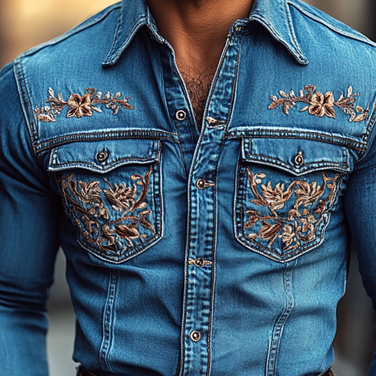 Men's Western Cowboy Style Embroidered Lapel Chest Pocket Long Sleeve Denim Shirt 9903594275000