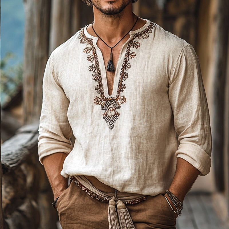 Men's Retro Casual Embroidered Linen V-Neck Long Sleeve Shirt 9901326008504