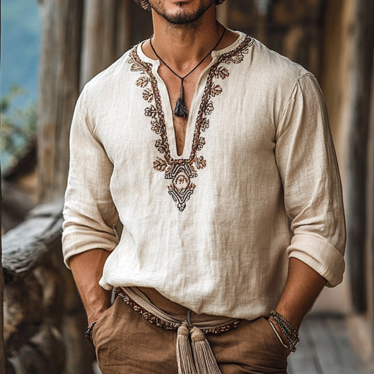Men's Retro Casual Embroidered Linen V-Neck Long Sleeve Shirt 9901326008504