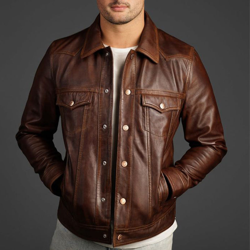 Men's Vintage Slim Fit Reddish Brown Snap Button Leather Jacket 9891528147128