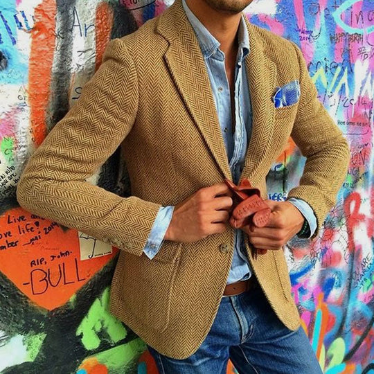 Men's Vintage Herringbone Wool Blend Lapel Single Breasted Blazer DTT25082005