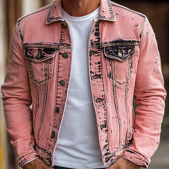 Men's Vintage Pink Tie Dye Slim Fit Denim Jacket 9911548018872