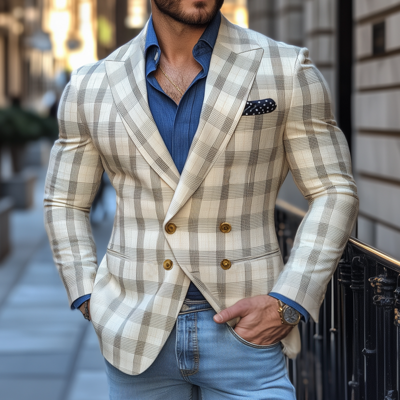 Men's Vintage Elegant Plaid Peaked Lapel Double Breasted Slim Fit Blazer DTT25072306