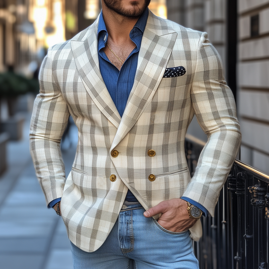Men's Vintage Elegant Plaid Peaked Lapel Double Breasted Slim Fit Blazer DTT25072306