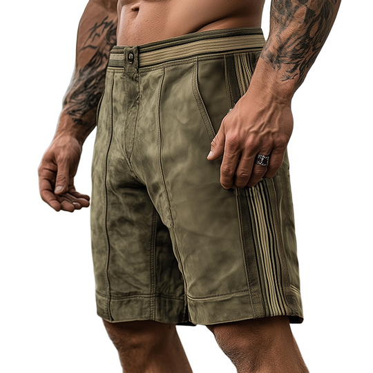 Men's Summer Fashion American Western Tough Suede Stitching Ribbon Casual Shorts DTT25061220