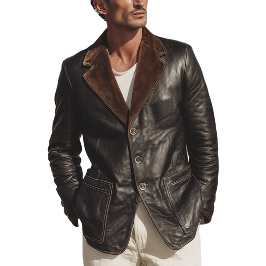 Men's Classic Retro Western Cowboy Style Suede Collar Single-breasted PU Leather Blazer DTT25081415