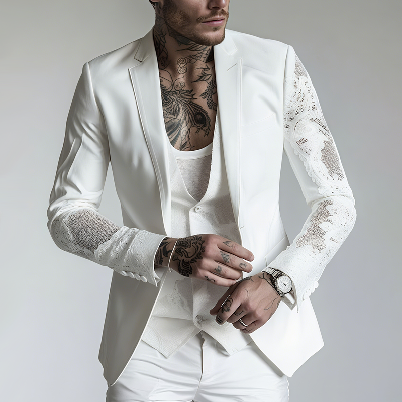 Men's Lace Sleeve Notch Lapel Two Buttons Blazer DTT25071718