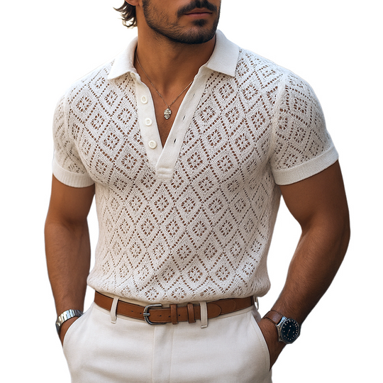 Men's Solid Plaid Knit Lapel Short Sleeve Polo Shirt DTT25062417
