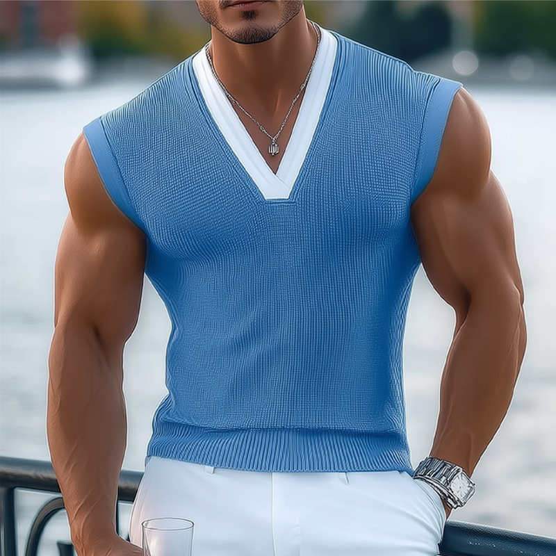 Men's Knitted Contrast Color V-Neck Sleeveless Tank Top DTT25071405