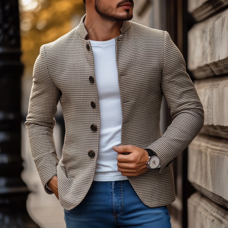 Men's Vintage Houndstooth Stand Collar Single-breasted Slim-fit Blazer DTT25080703