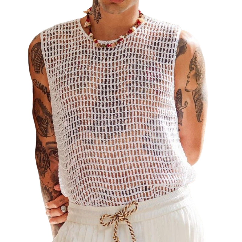 Men's Casual Round Neck Loose Hollow Crochet Tank Top 9903253258424