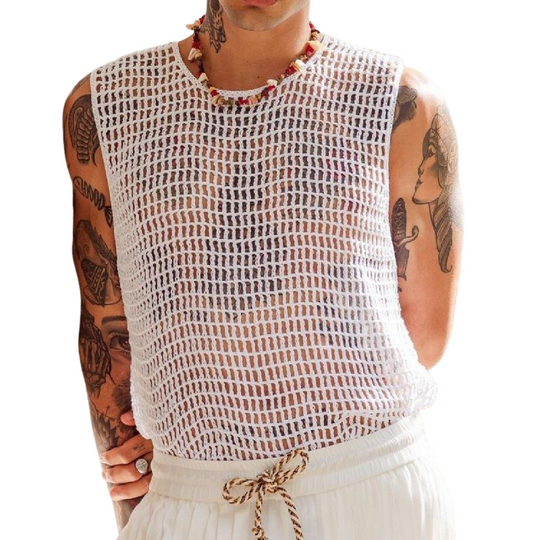 Men's Casual Round Neck Loose Hollow Crochet Tank Top 9903253258424