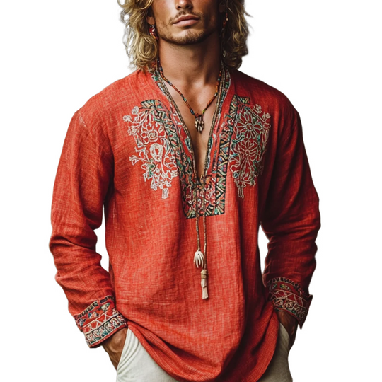 Men's Bohemian Print V Neck Long Sleeve Loose Fit Shirt 9901319585976