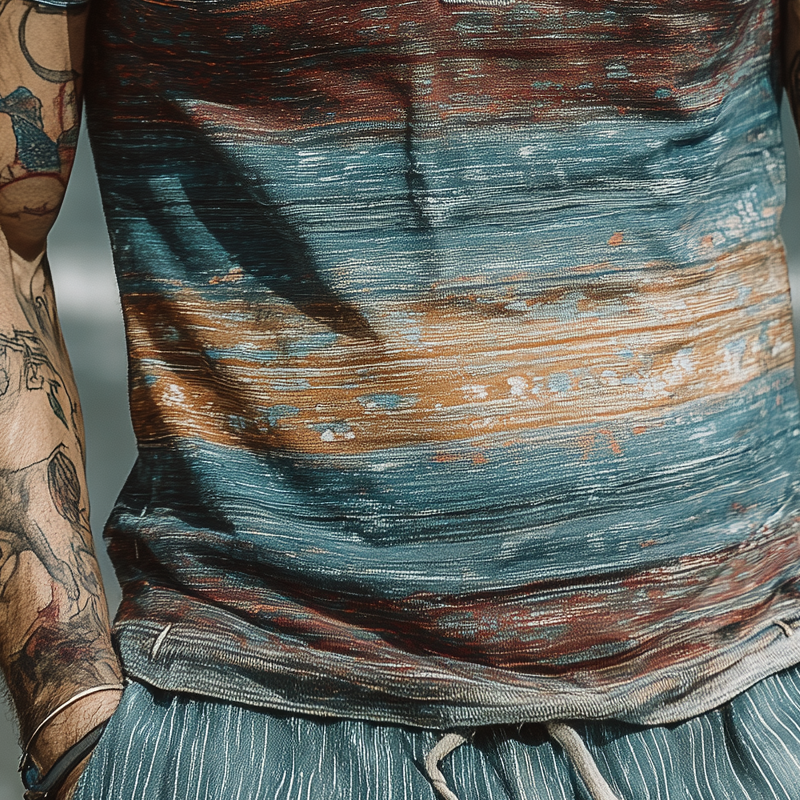 Men's Stripe Print Lapel Short Sleeve T-Shirt DTT25063010