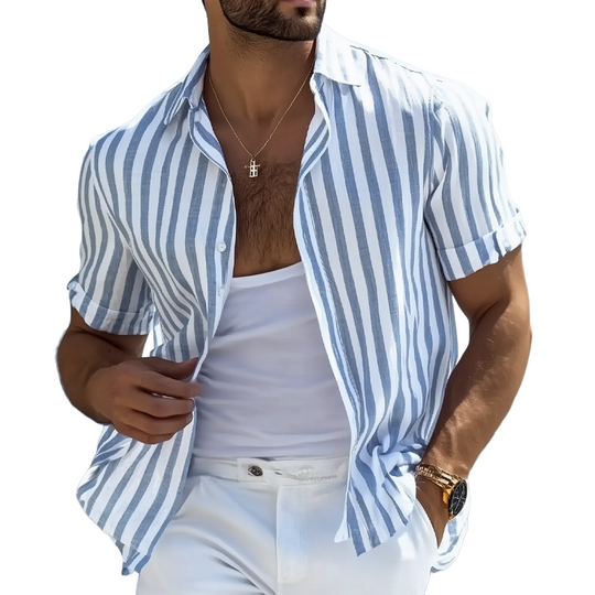 Men's Cotton And Linen Striped Short-sleeved Shirt DTT25072506