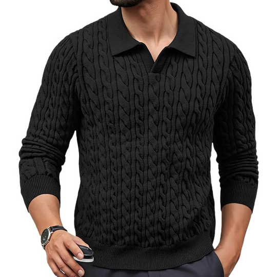 Men's Solid Color Slim-Fit Cable Textured POLO Neck Sweater DTT25081803