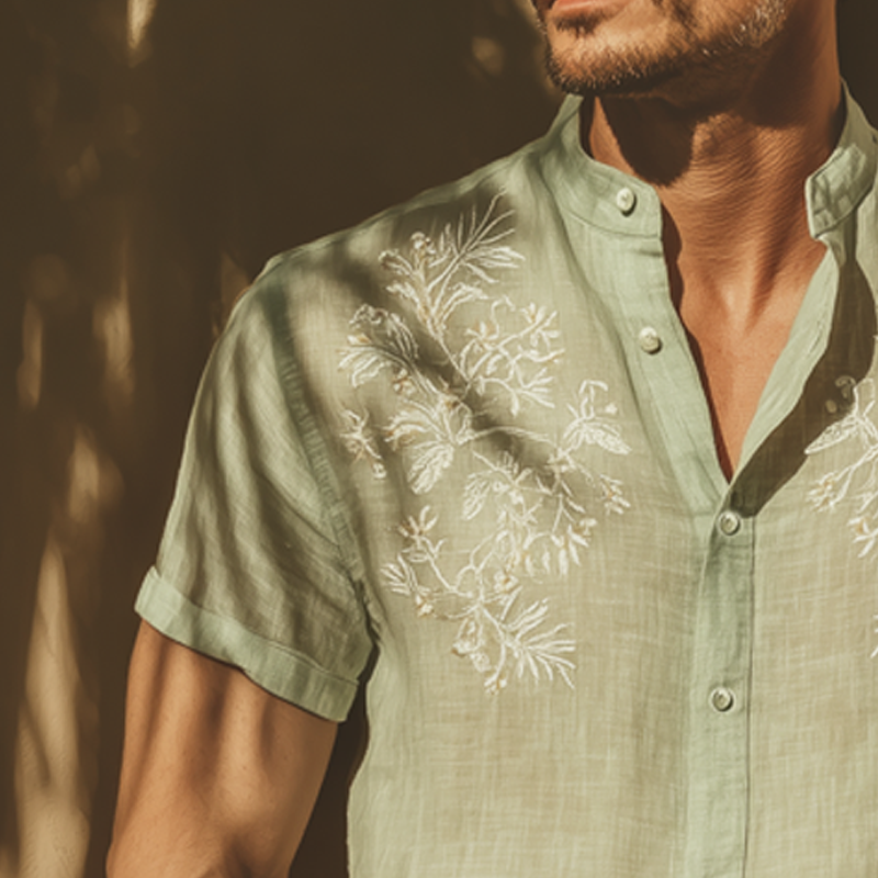 Men's Summer Classic Cotton Embroidered Stand Collar Short Sleeve Shirt DTT25071417