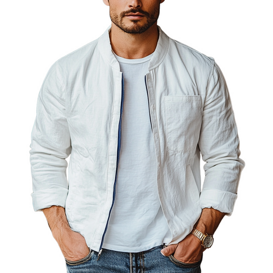Men's Spring And Summer Solid Cotton And Linen Chest Pocket Zipper Jacket 9918991007928