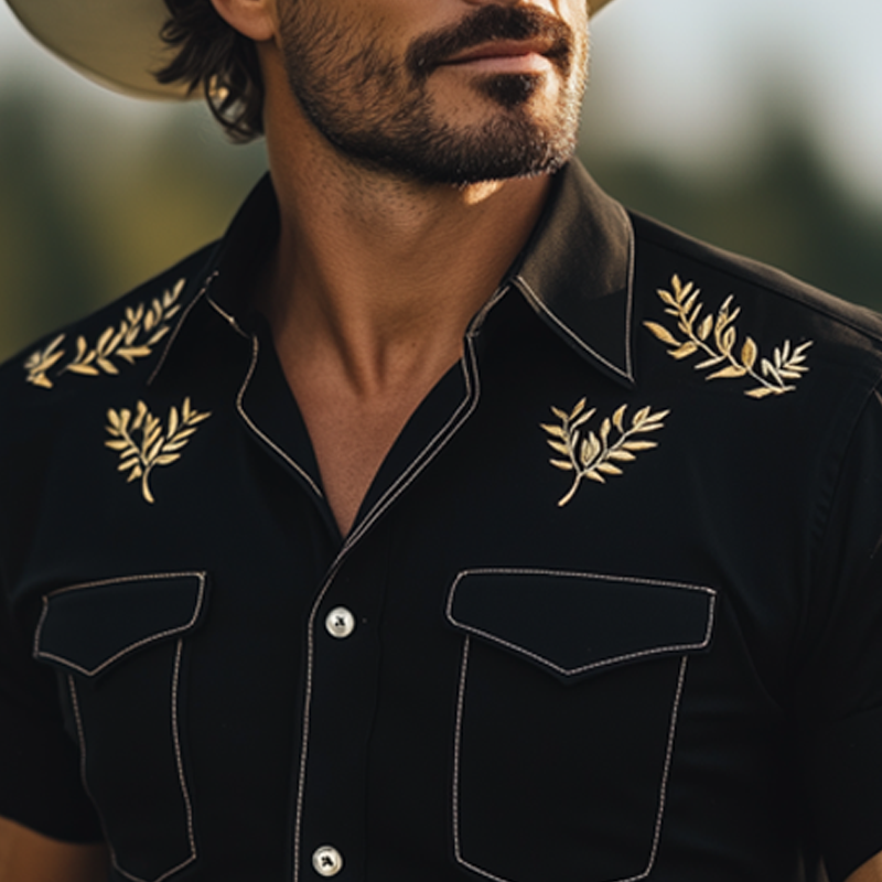Men's Summer Gold Embroidered Cotton Short Sleeve Shirt DTT25060523