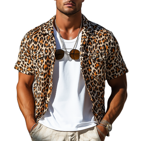 Men's Leopard Print Short Sleeve Multi-Pocket Shirt DTT25062414