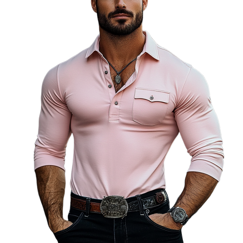 Men's Fashion Slim Fit Chest Pocket Long Sleeve Polo Shirt 9894195593400
