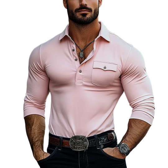 Men's Fashion Slim Fit Chest Pocket Long Sleeve Polo Shirt 9894195593400