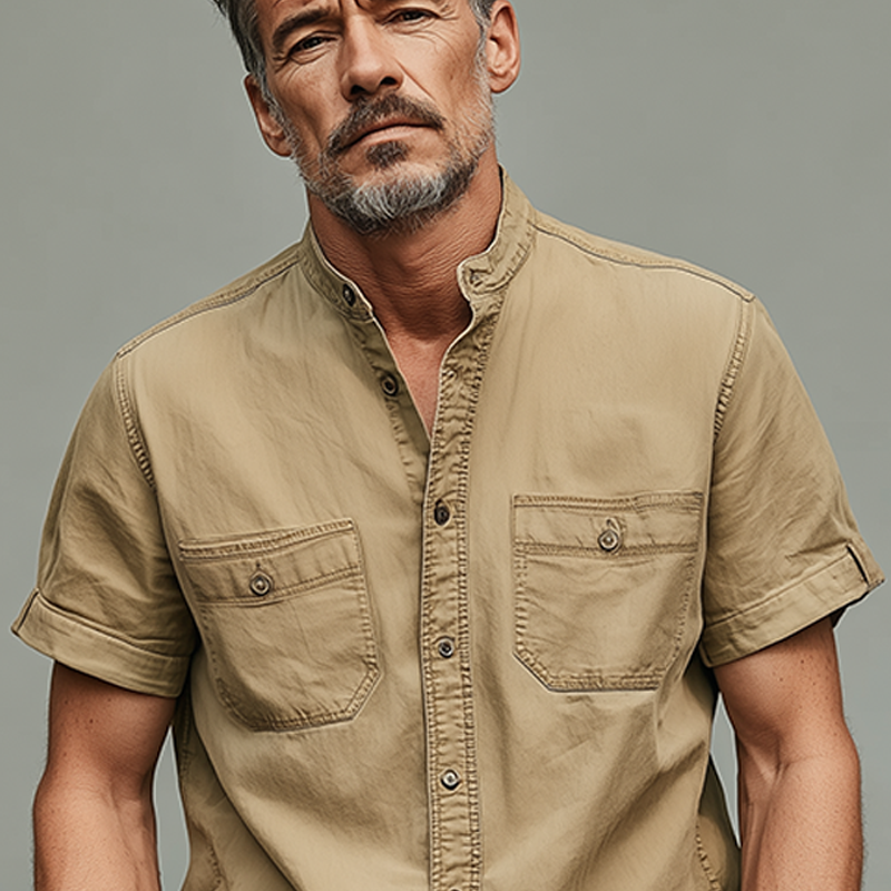 Men's Summer Casual Cotton Blended Washed Stand Collar Short Sleeve Shirt DTT25070311
