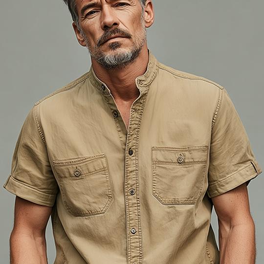 Men's Summer Casual Cotton Blended Washed Stand Collar Short Sleeve Shirt DTT25070311