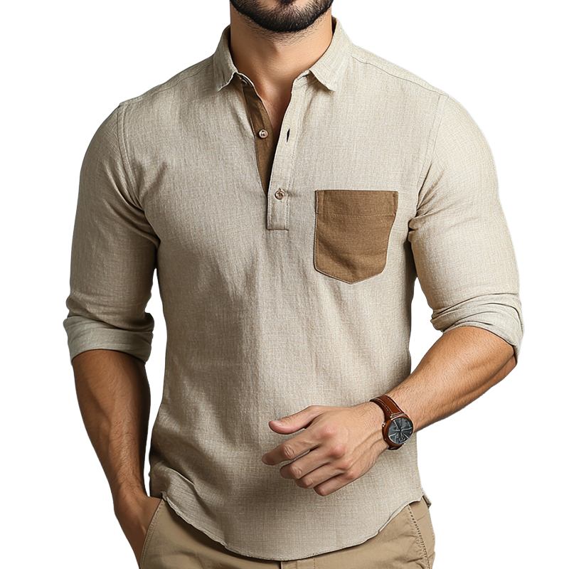 Men's Retro Casual Colorblock Cotton and Linen Pocket Lapel Long Sleeve Shirt 9904628859064