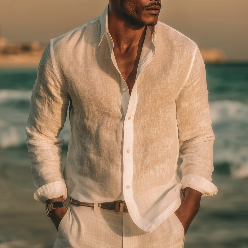 Men's Fashion Solid Color Breathable Linen Lapel Slim Fit Long Sleeve Shirt DTT25070917