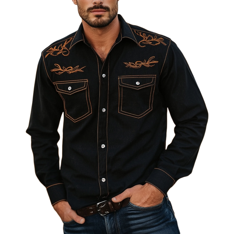 Men's Denim Retro Contrast Color Embroidery Long Sleeve Loose Shirt 9892386406584