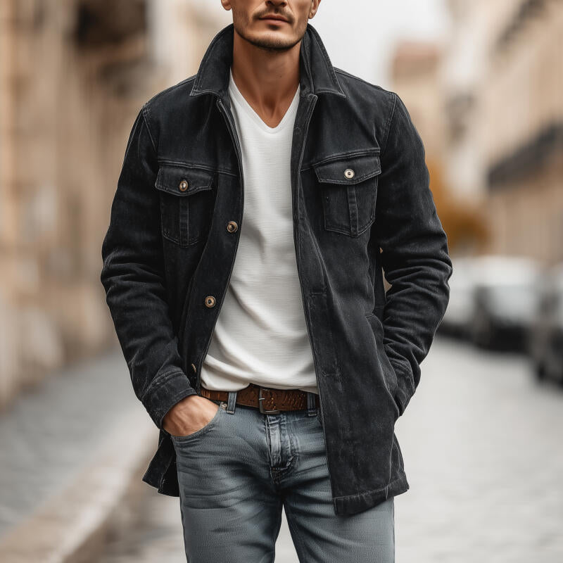 Men's Vintage Outdoor Washed Distressed Denim Lapel Single-breasted Loose Mid-length Jacket DTT25082713