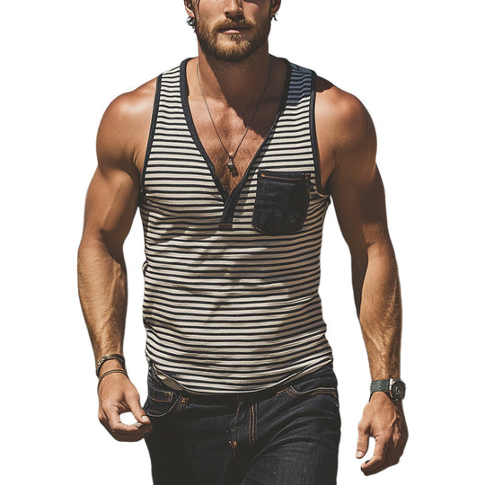 Men's Slim Fit Pocket Striped V-Neck Tank Tops DTT25053002