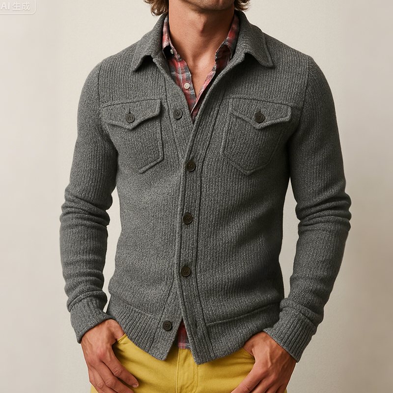 Men's Retro Casual Solid Color Knitted Lapel Long Sleeve Shirt Jacket DTT25081507