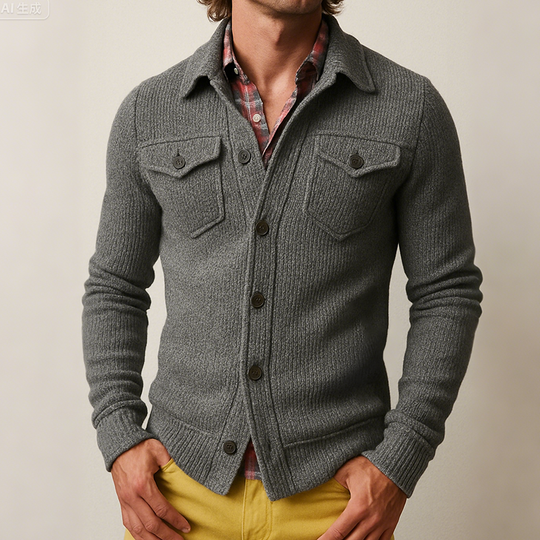 Men's Retro Casual Solid Color Knitted Lapel Long Sleeve Shirt Jacket DTT25081507