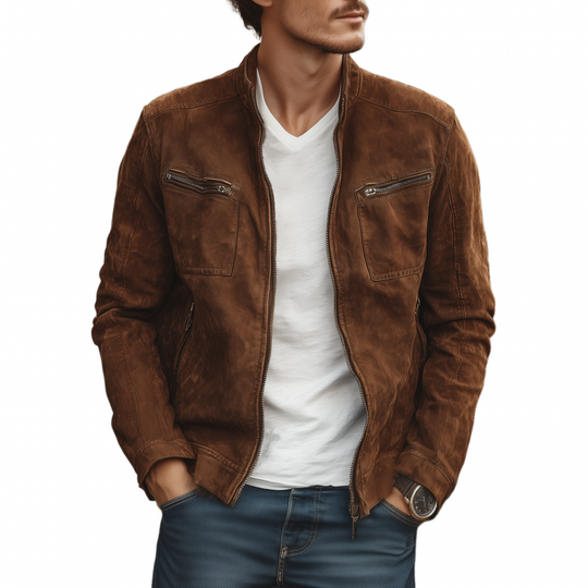 Men's Vintage Faux Suede Stand Collar Zipper Placket Slim Fit Multi-Pocket Cargo Jacket DTT25082507