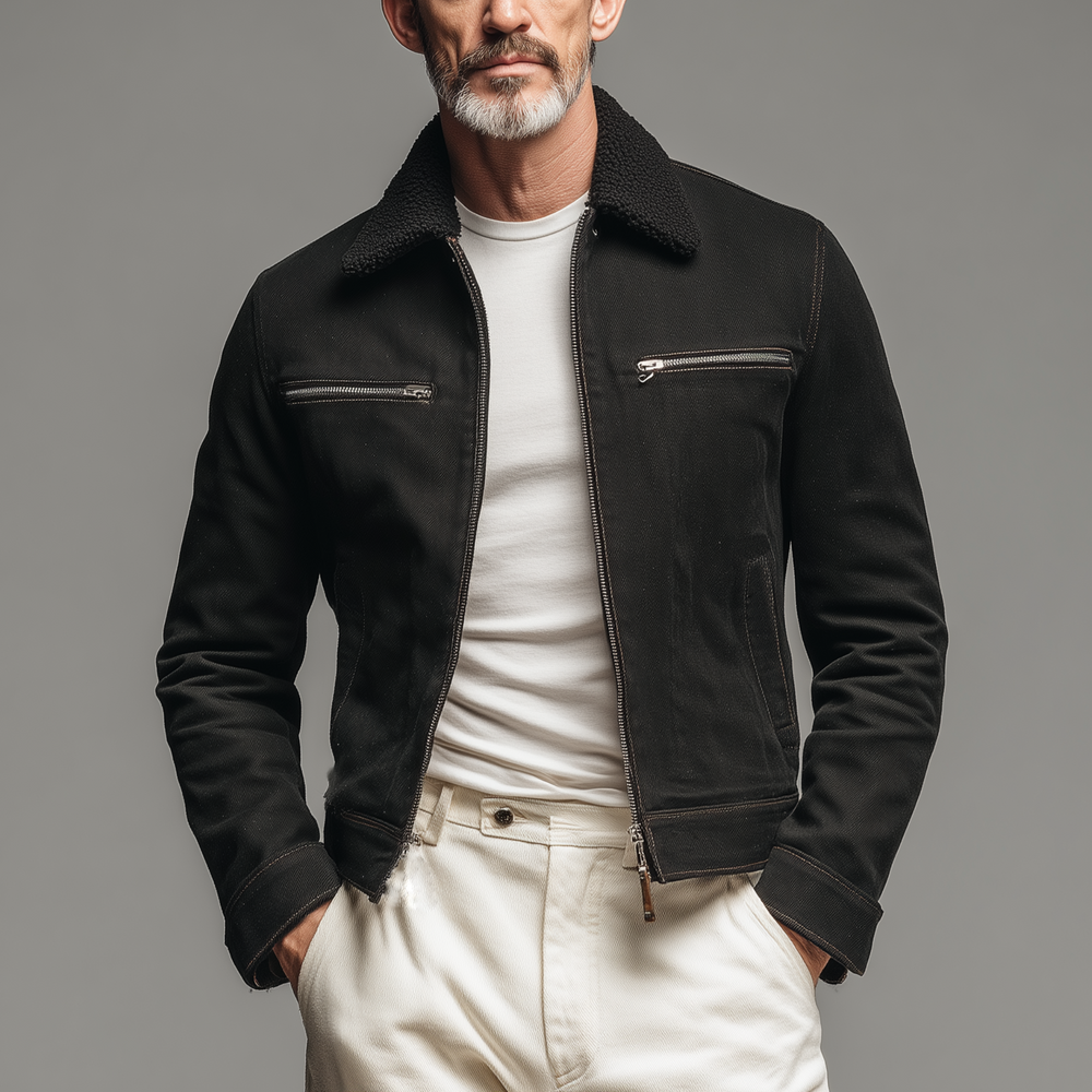 Men's Classic Casual Detachable Fur Collar Slim Fit Cotton Blend Jacket DTT25081409