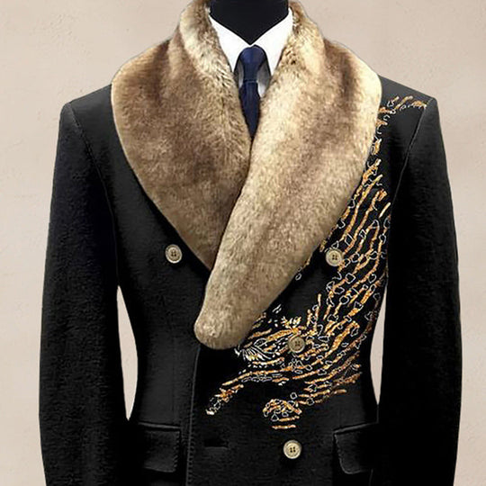 Men's Casual Contrast Binding Button Long Sleeve Windproof Fur Collar Overcoat 9888552911032